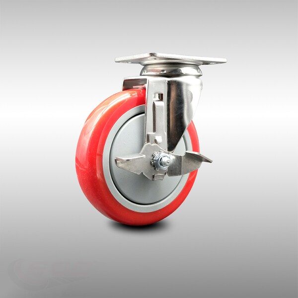 5 Inch 316SS Red Polyurethane Wheel Swivel Top Plate Caster with Brake SCC